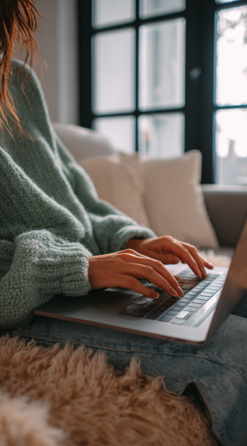 woman sitting at a home work desk doing creative work on her computer 